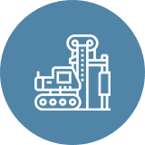 Excavator icon on blue circular background.
