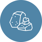 White rocks icon on blue circle background.